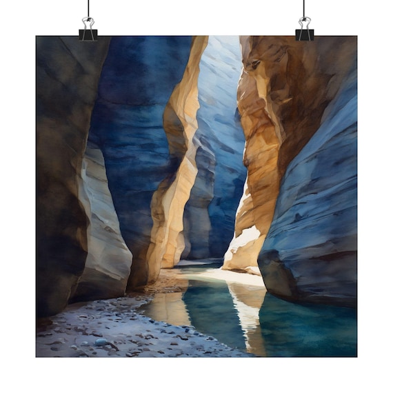 Utah Slot Canyon Light and Pool Reflection Watercolor Landscape Poster Desert Art
