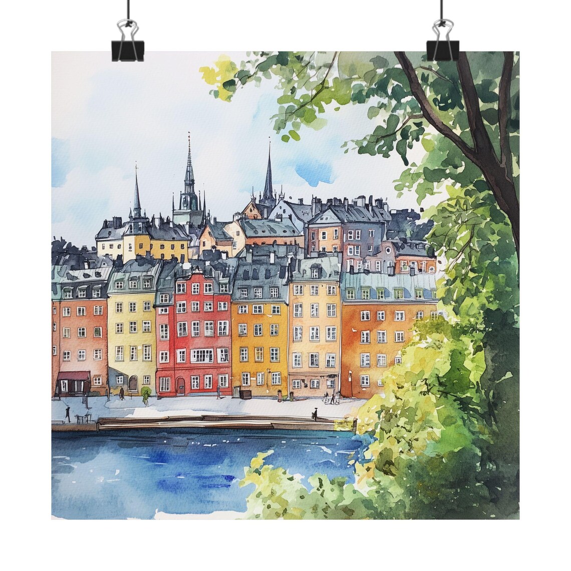 Stockholm Sweden Colorful Gamla Stan Waterfront Watercolor Poster