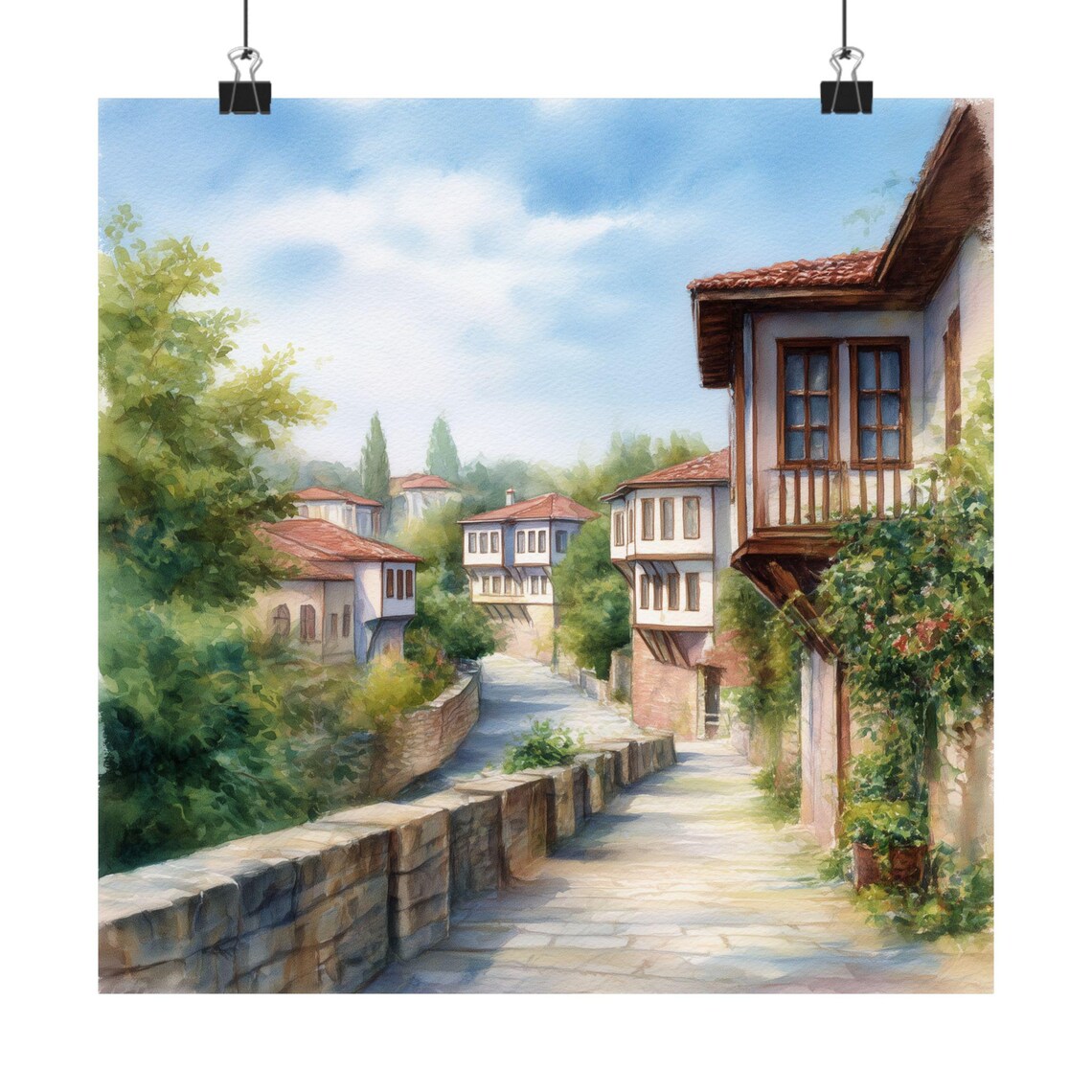 Melnik Bulgaria Old Town Watercolor Poster With Cobbled Lane Houses