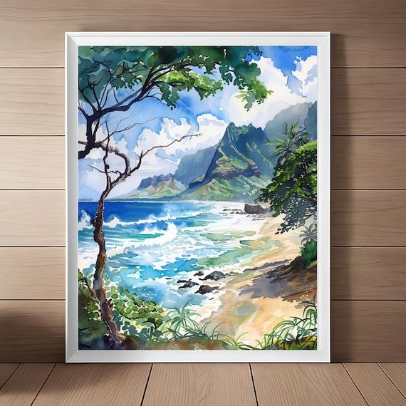 Kauai Hawaiian Coastline Watercolor Tropical Seascape Poster