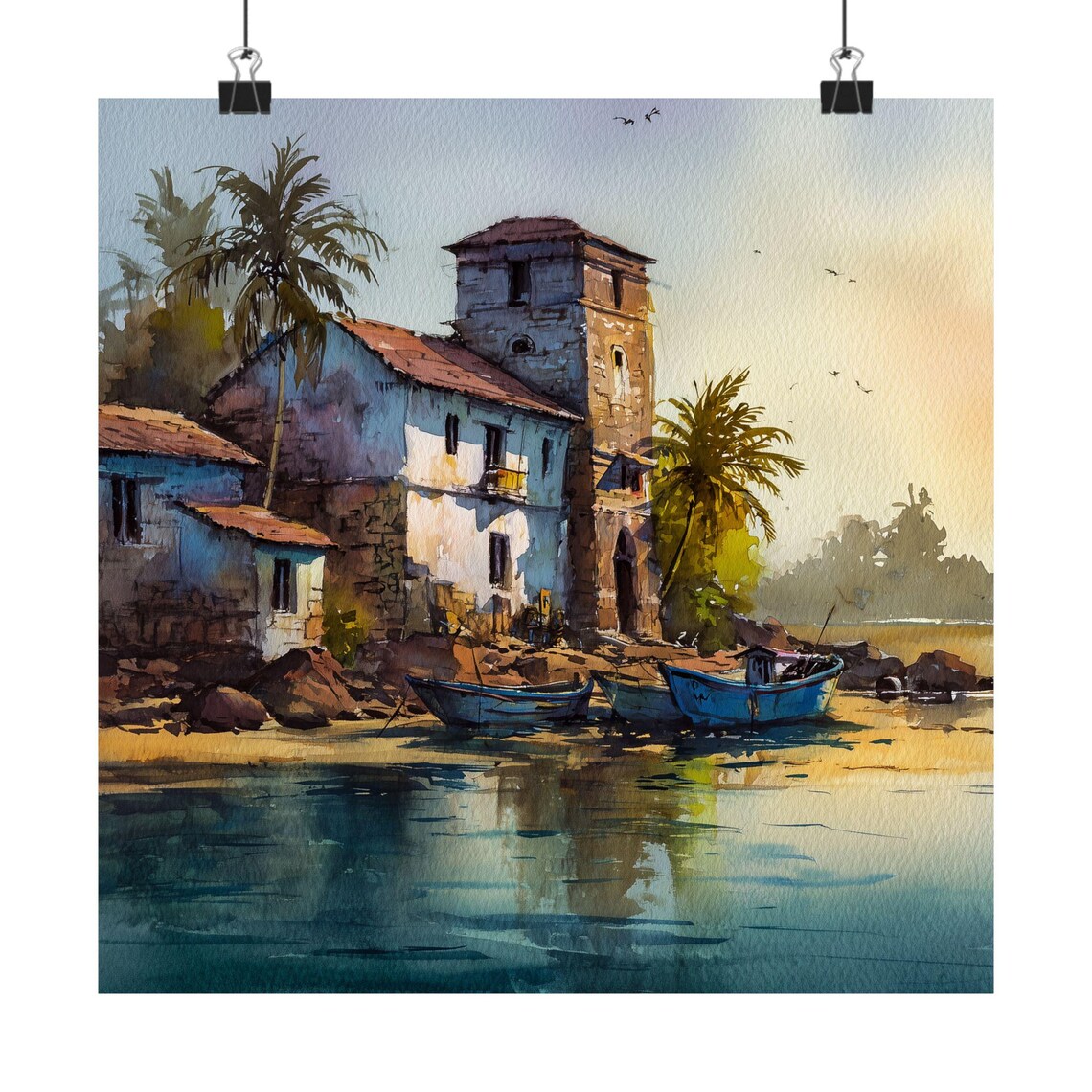 Goa Fishing Village Palm Beach Golden Sunset Watercolor India Poster