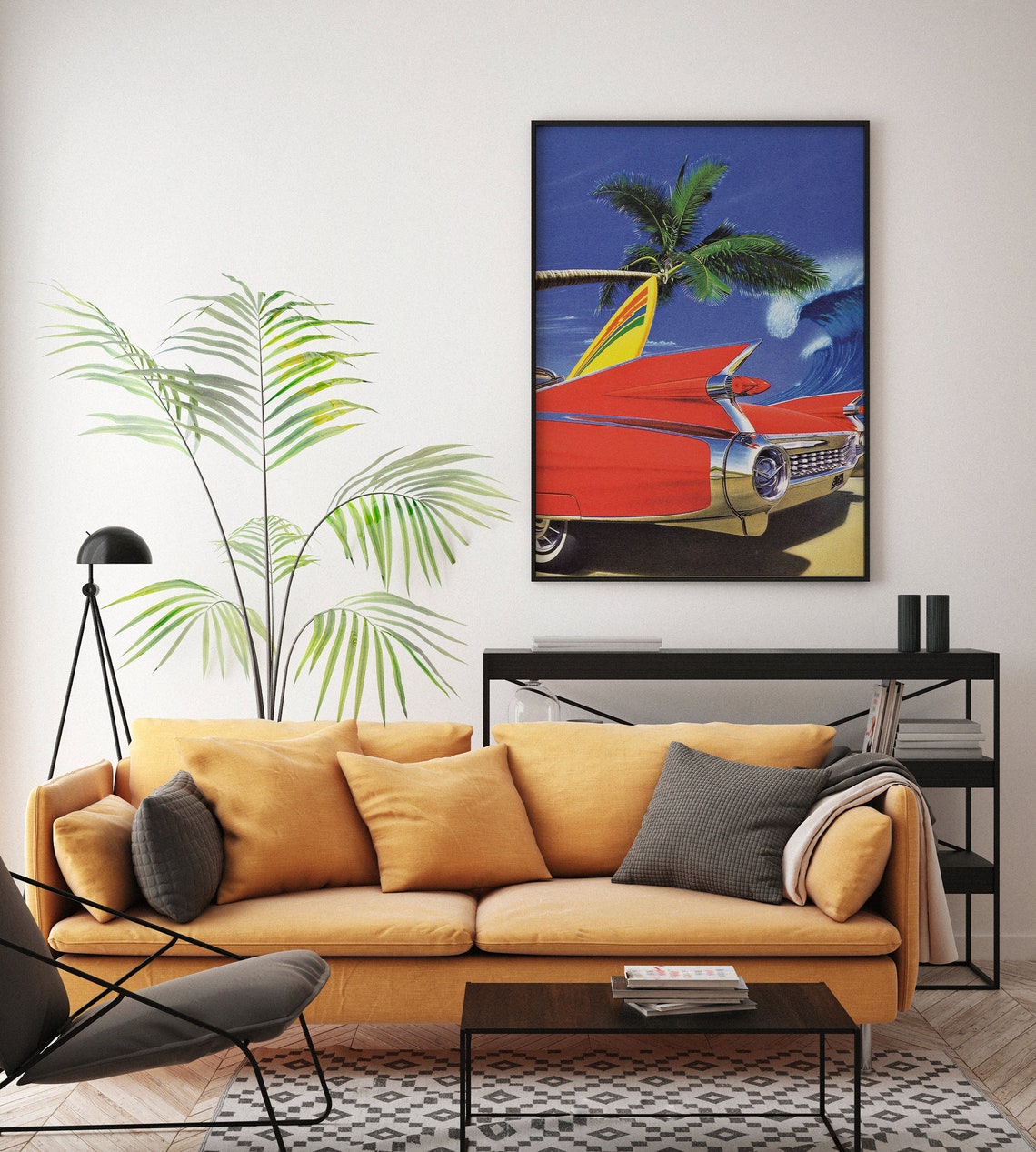 Red Classic Car Surfboard Palm Tree Crashing Wave Retro Poster - Image 7
