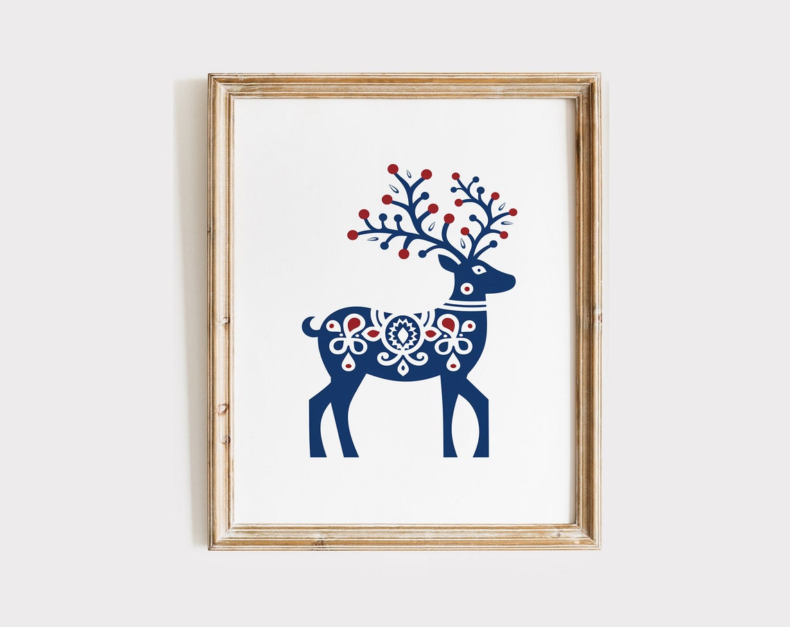 Navy Blue Scandinavian Folk Art Reindeer with Floral Pattern Poster