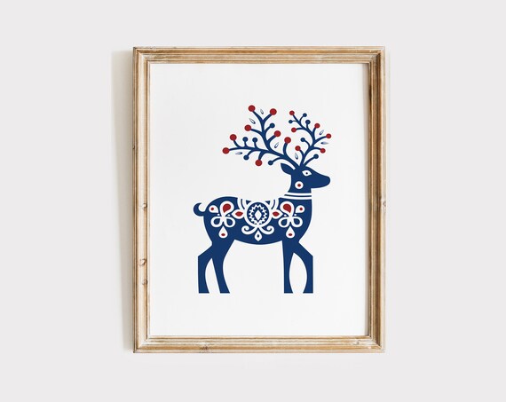 Navy Blue Scandinavian Folk Art Reindeer with Floral Pattern Poster