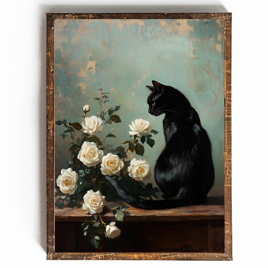 Black Cat Cottagecore Rose Art Print, Vintage Style