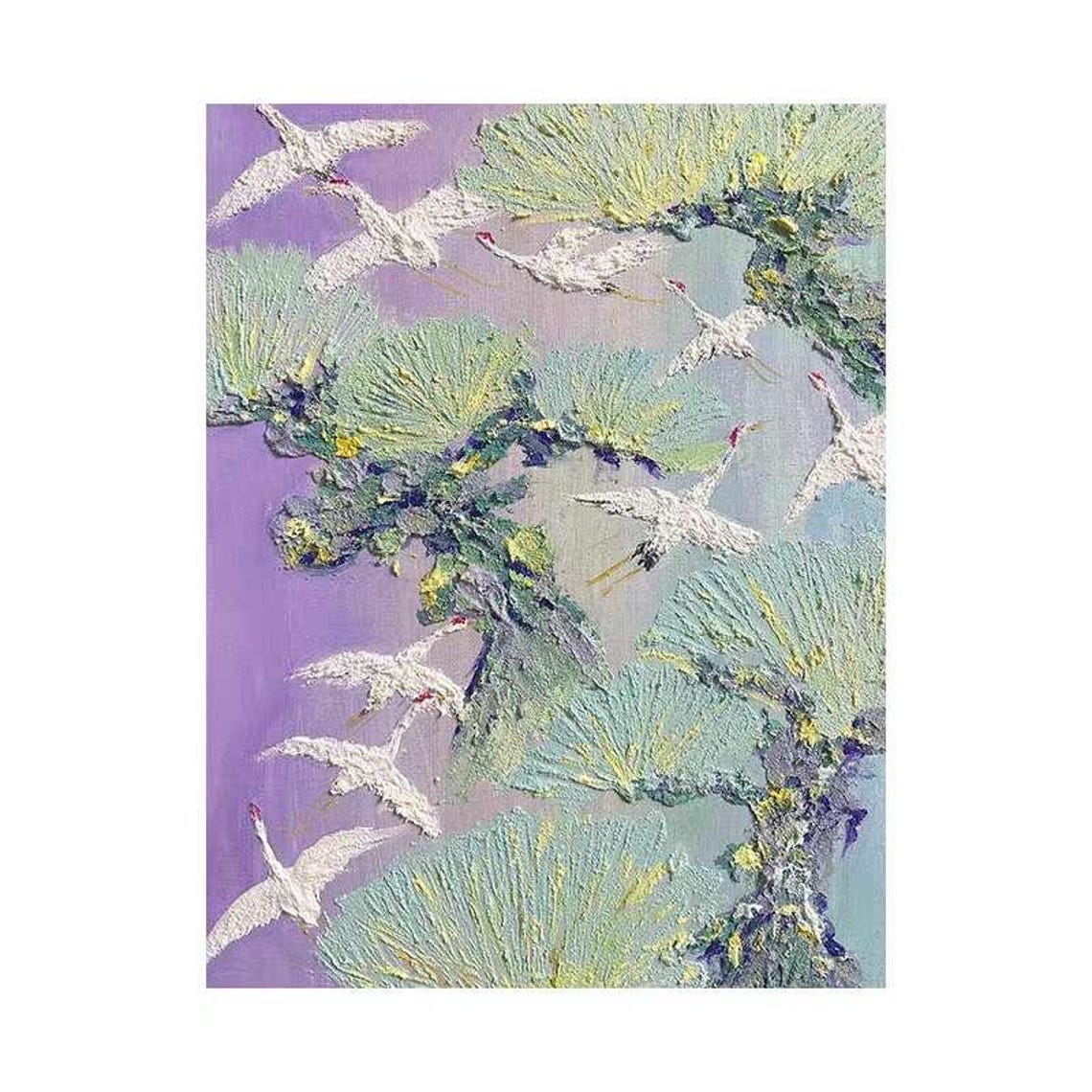 White Cranes Flying Over Pine Trees on Purple Sky Art Poster - Image 2