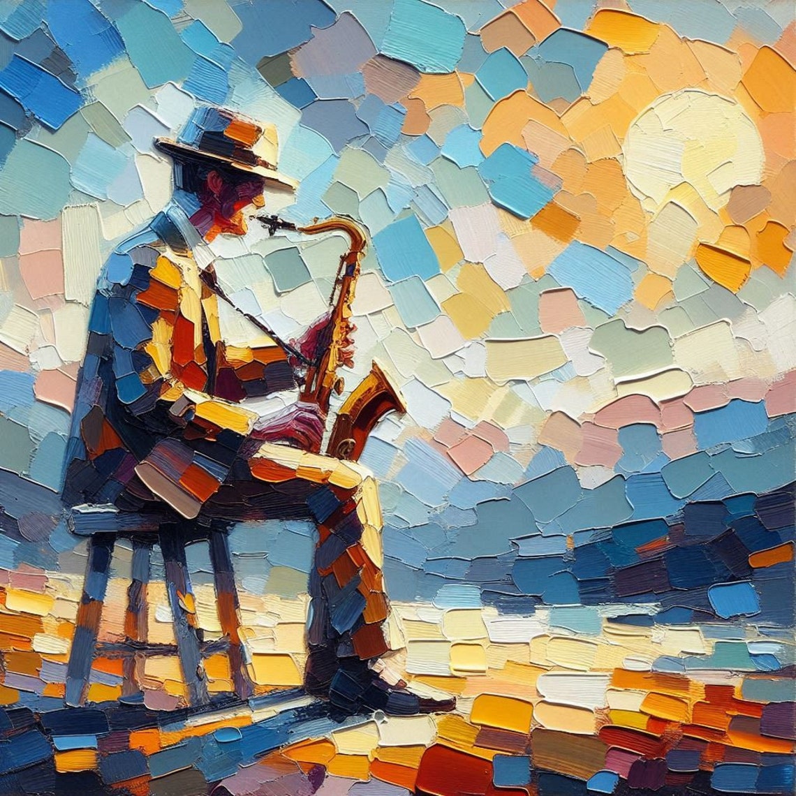 Saxophonist Playing Jazz at Sunset Impasto Mosaic Style Poster - Image 4