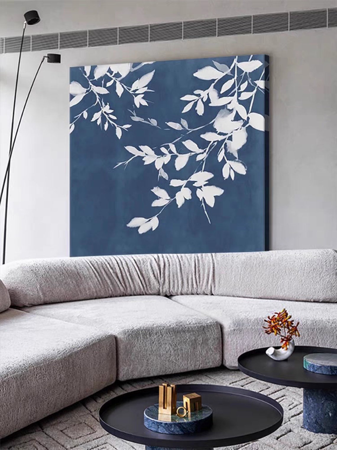 White Branches on Deep Blue Wabi Sabi Botanical Painting Poster - Image 2