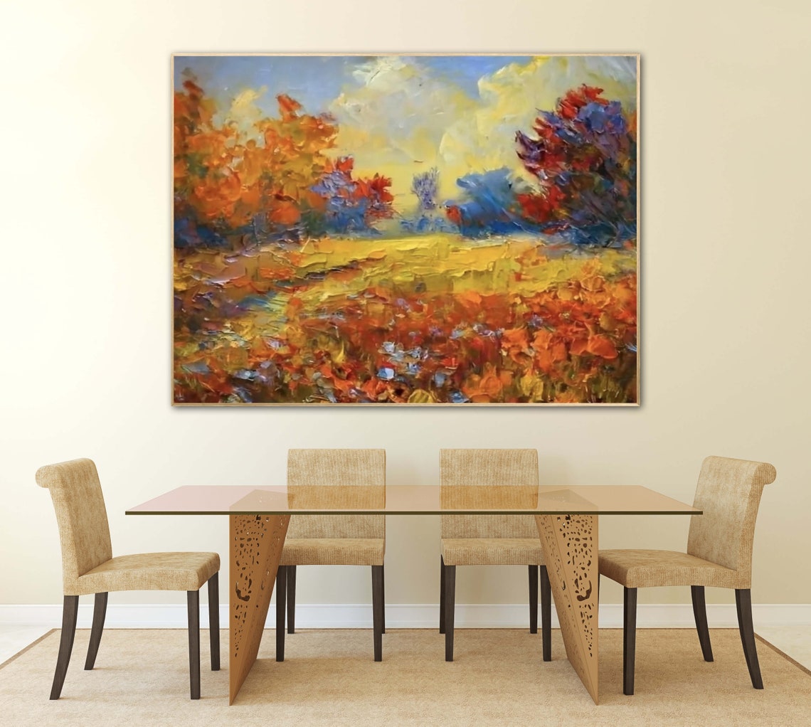 Autumn Countryside Field With Orange Trees Impasto Art Poster - Image 2