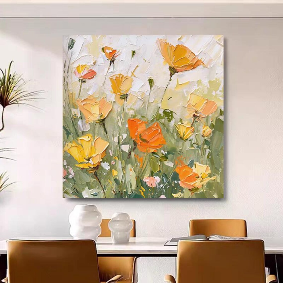 Orange California Poppies in Green Meadow Floral Painting Poster - Image 4