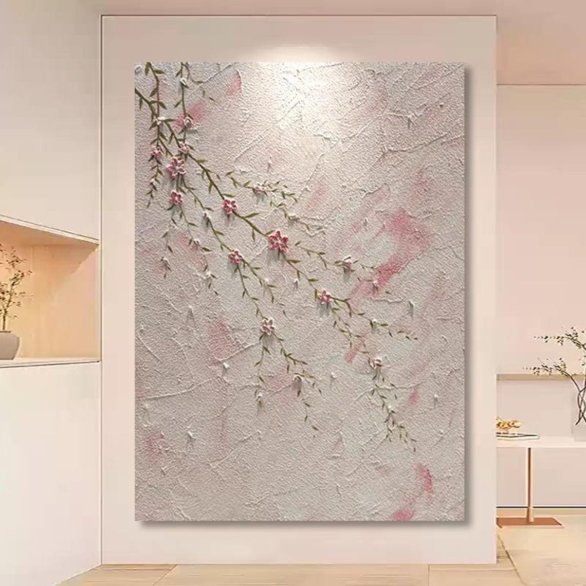 Pink Cherry Blossom Branch on White Plaster Texture Art Poster - Image 4