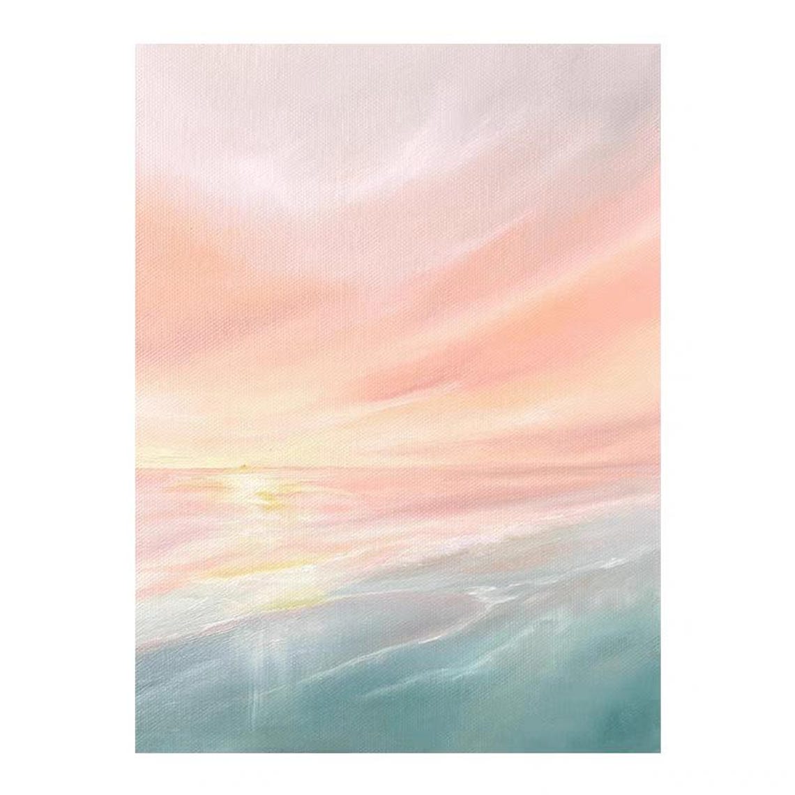 Soft Pastel Pink Sunset Sky over Calm Teal Ocean Waves Art Poster - Image 2