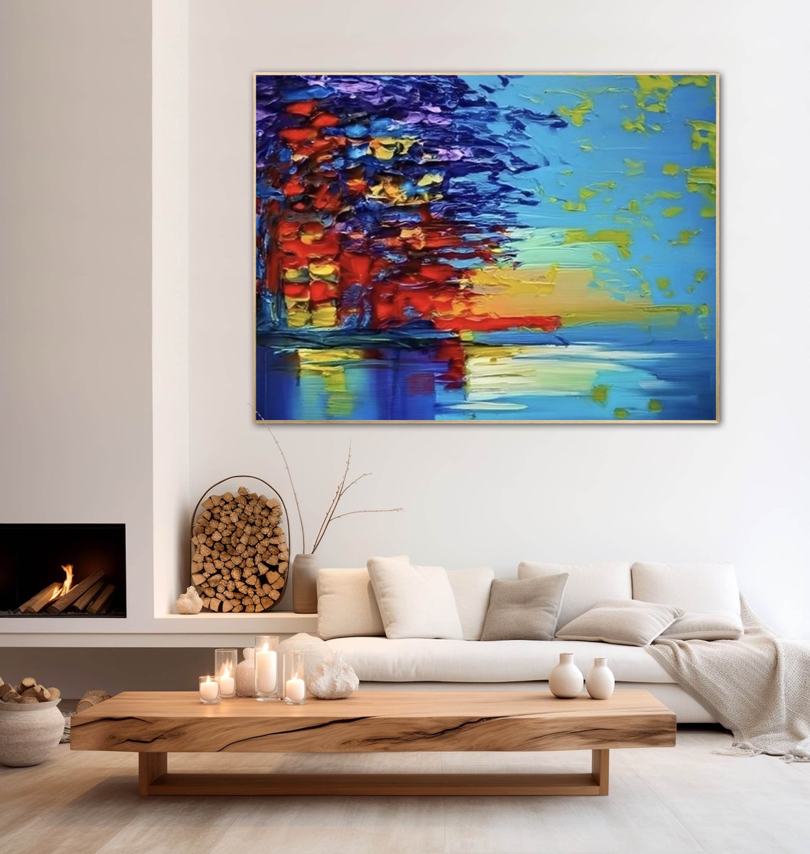 Blue and Red Abstract Tree Beside the Water Impasto Art Poster - Image 3