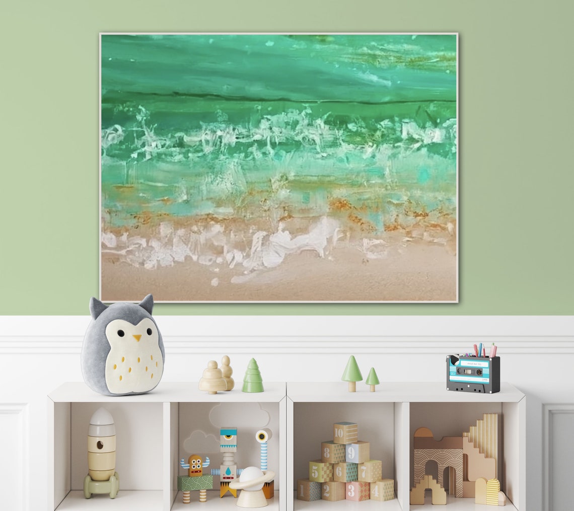 Emerald Green Sea Over Sandy Shore Abstract Coastal Art Poster - Image 4