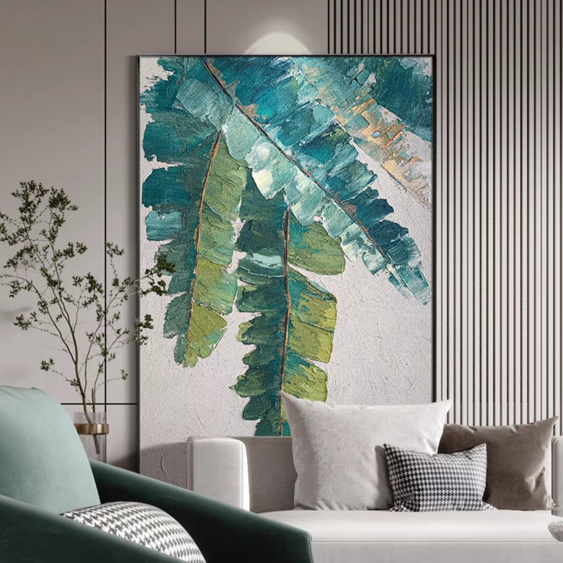 Teal Palm Fronds on White Tropical Botanical Leaf Painting Poster - Image 3