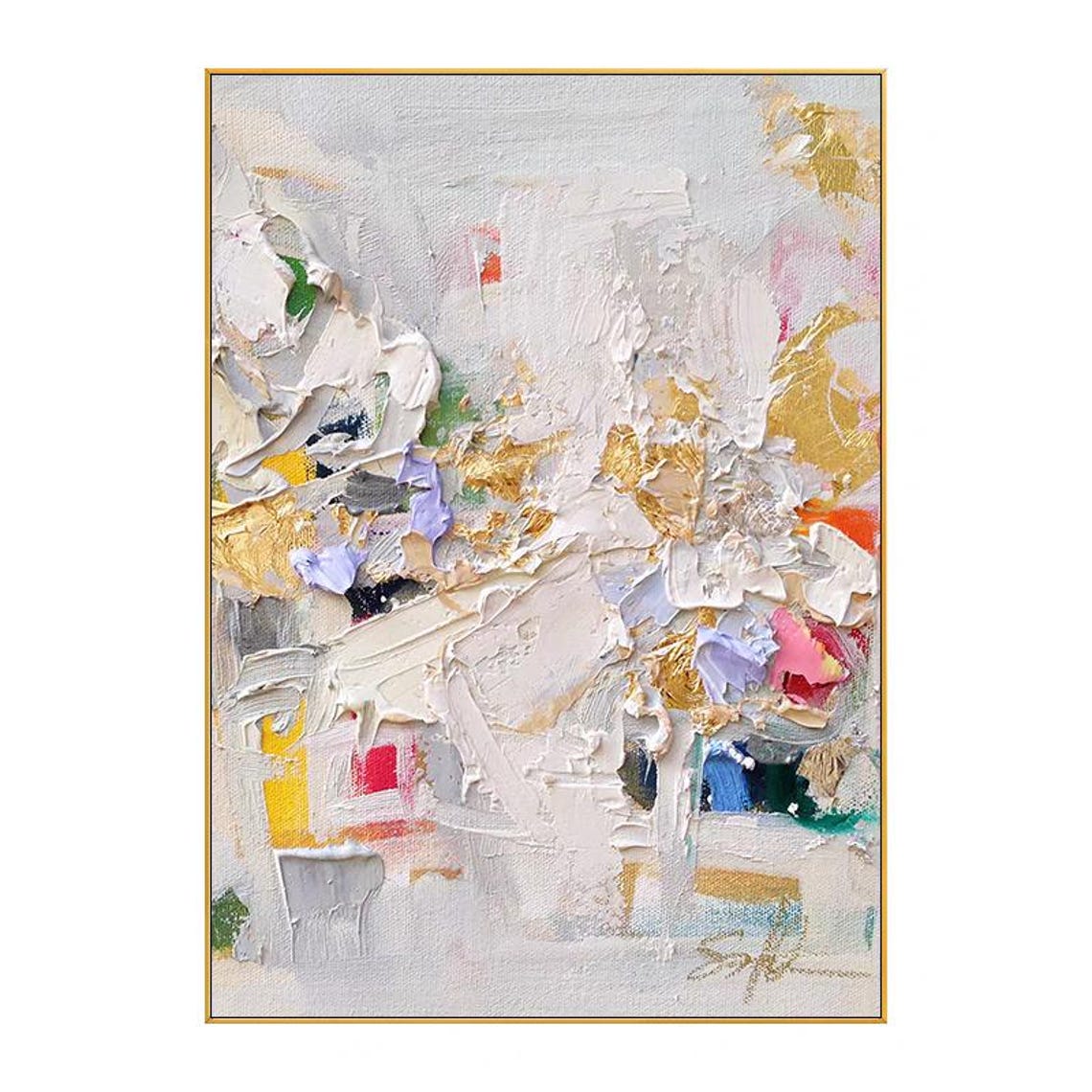 White Gold and Pink Palette Knife Strokes Abstract Art Poster - Image 3
