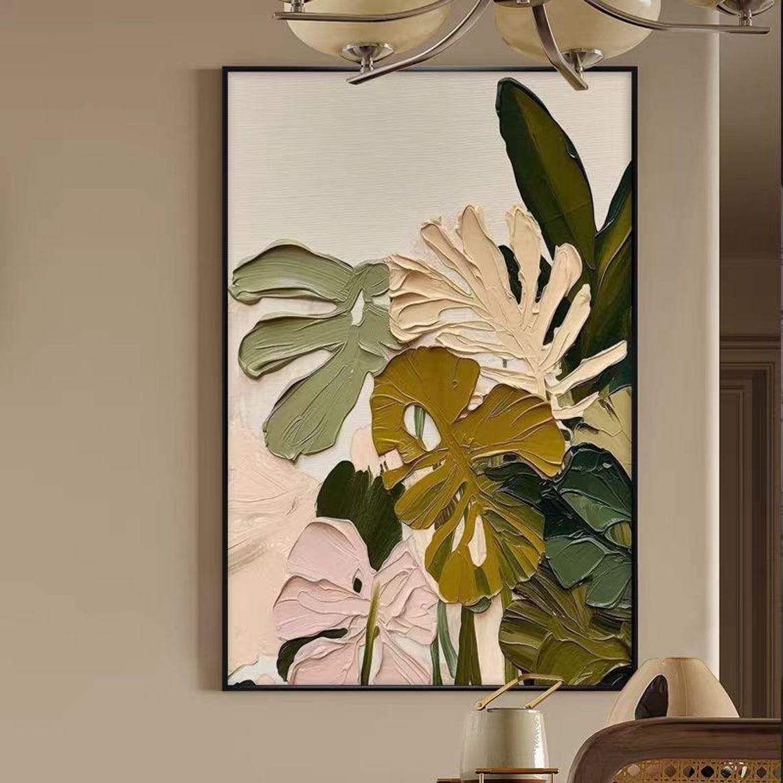 Tropical Monstera Leaves Green Botanical Impasto Vertical Poster - Image 4