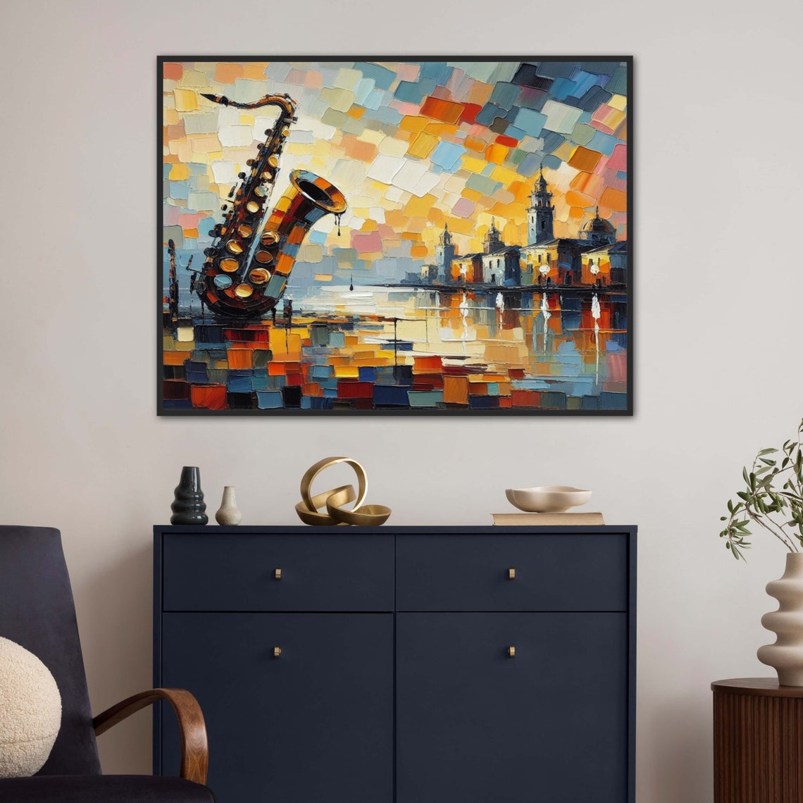 Saxophone Over Sunset Waterfront Mosaic Jazz Music Painting Poster - Image 3