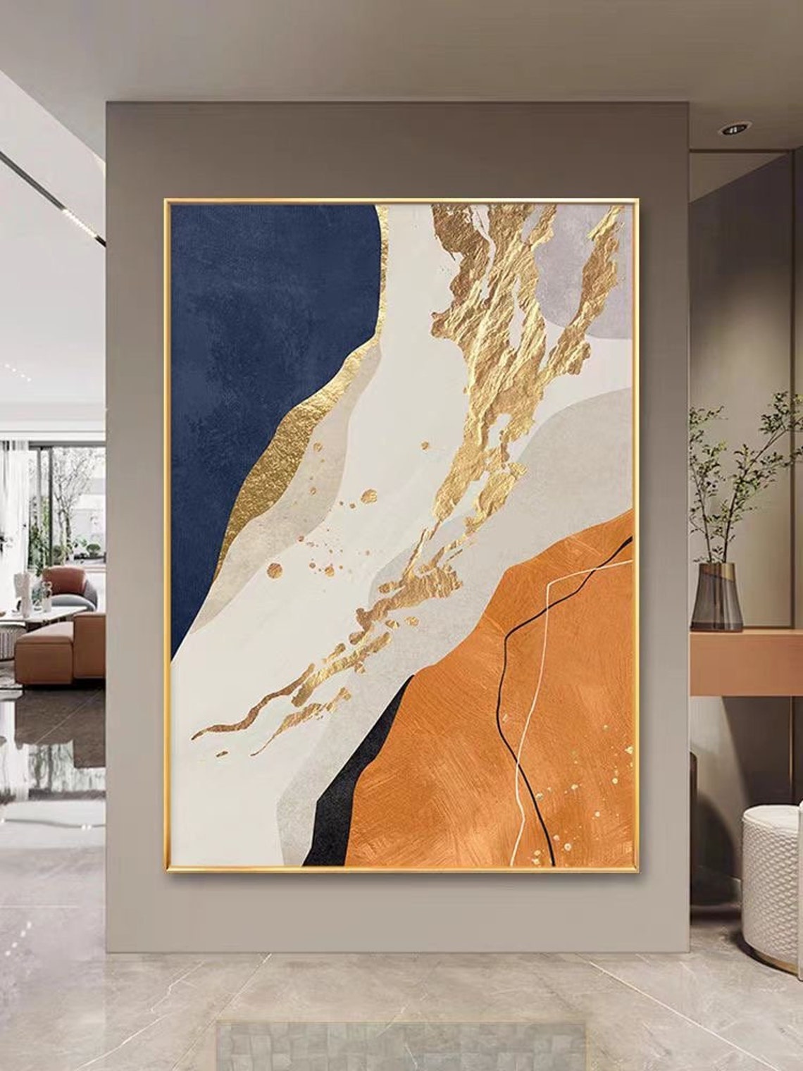Navy Blue Gold Leaf Abstract Marble Vein Vertical Luxury Poster - Image 3