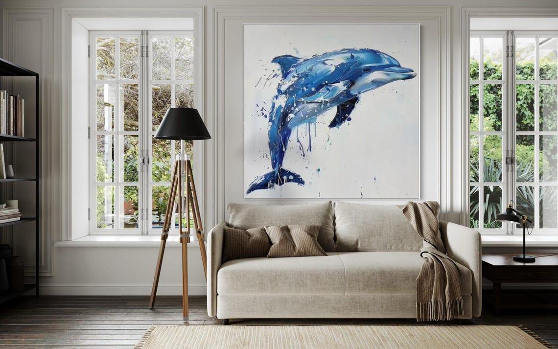 Leaping Blue Dolphin Watercolor Splash Square Marine Animal Poster - Image 3