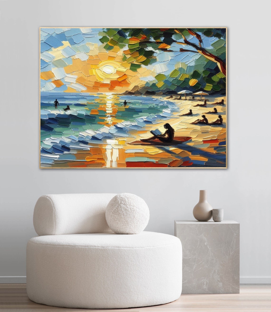 Sunset Beach Reader Silhouette Square Impasto Coastal Art Poster - Image 4