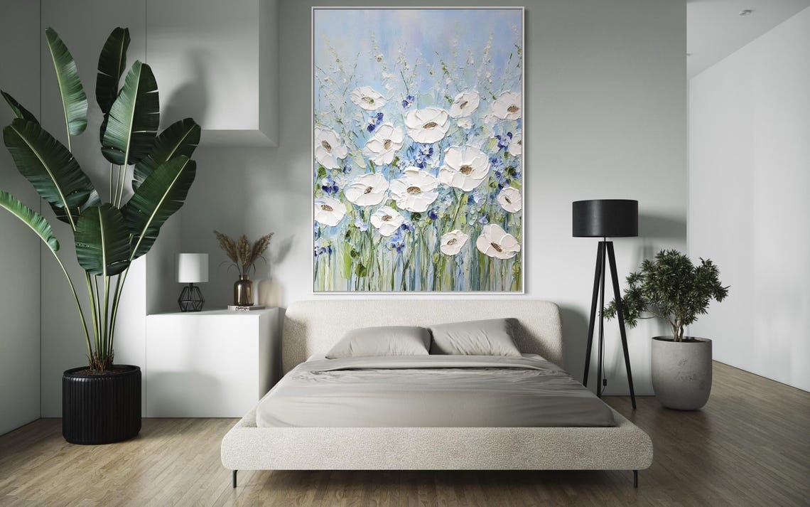 Tall White Flowers with Blue Wildflowers on a Sky Blue Art Poster - Image 4