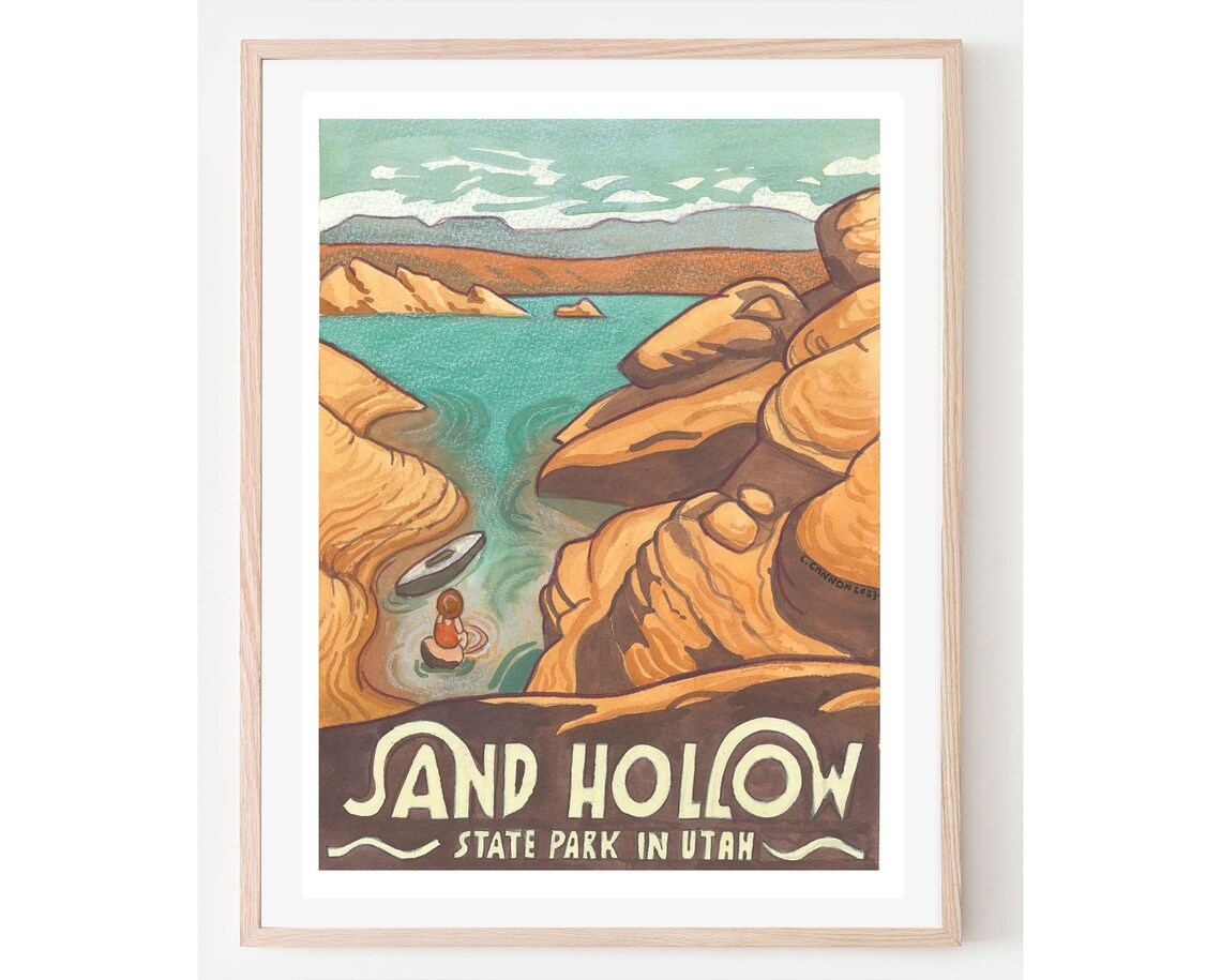 Sand Hollow State Park Utah Vintage Travel Poster Kayak Sandstone Rocks Art
