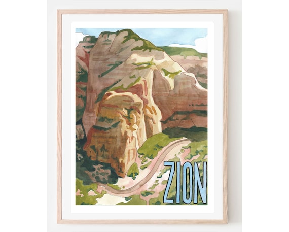 Zion National Park Utah Canyon Road Vintage Watercolor Travel Poster