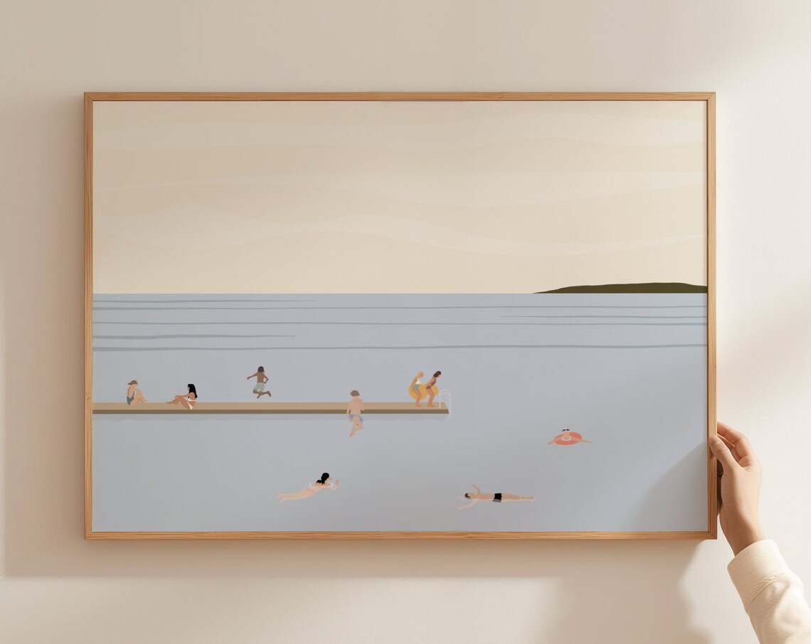 Tiny People Swimming In Lake Minimalist Art Print