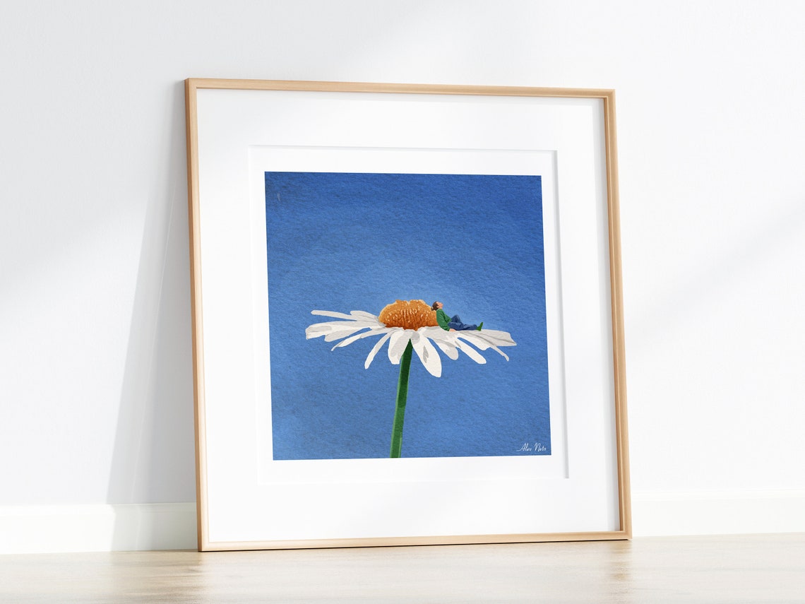 Tiny Person Resting on a Giant Daisy in a Dreamy Blue Sky Poster - Image 2