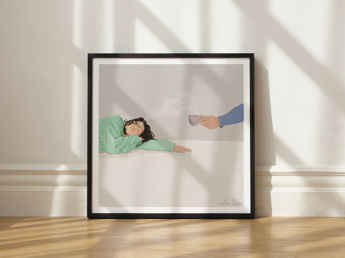 Tired Woman Offered a Steaming Coffee in a Funny Morning Poster - Image 2