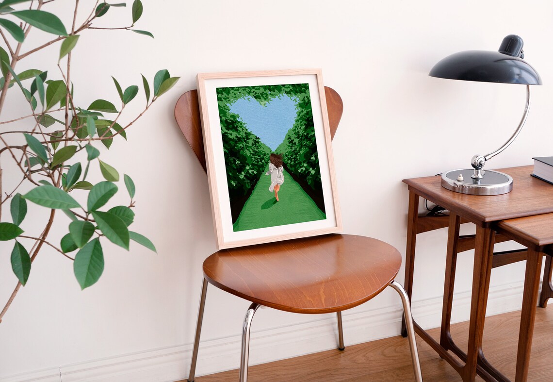 Girl Running Through Green Maze Toward Heart Shaped Sky Love Poster - Image 2