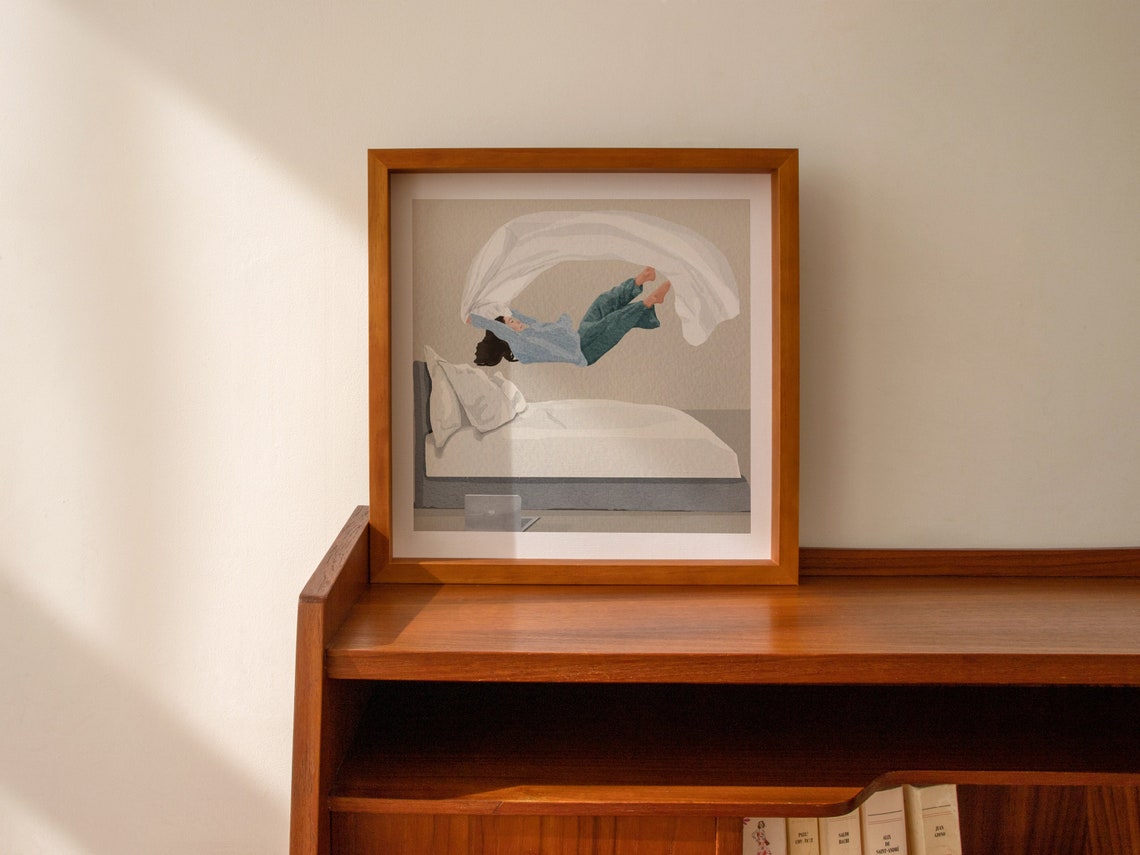 Woman Leaping Into Bed Wrapped in a White Sheet Playful Poster - Image 2