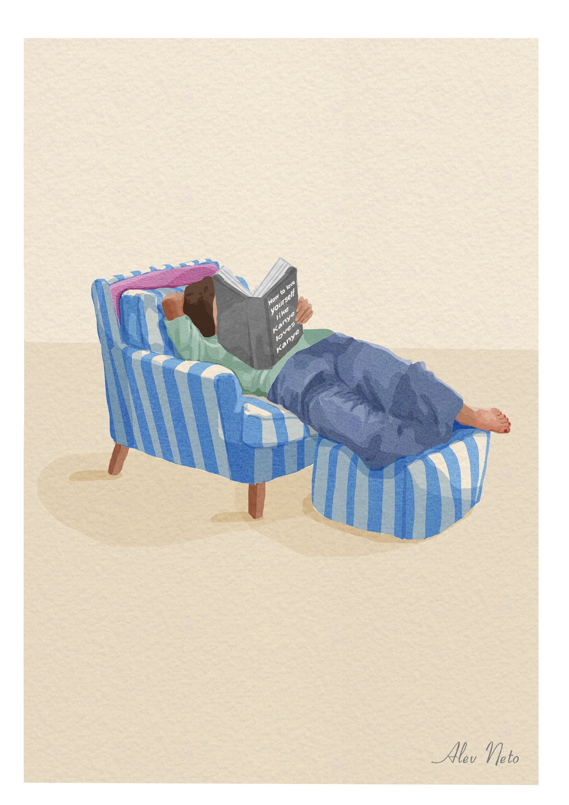 Cozy Reader on Blue Striped Armchair Self Love Book Art Poster - Image 4