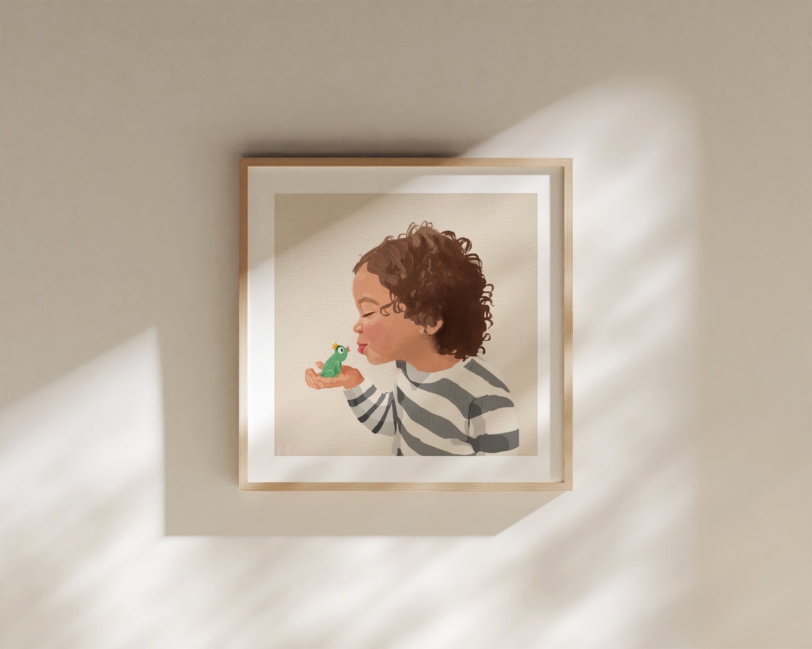Child About to Kiss a Tiny Crowned Toy Frog Whimsical Poster - Image 3