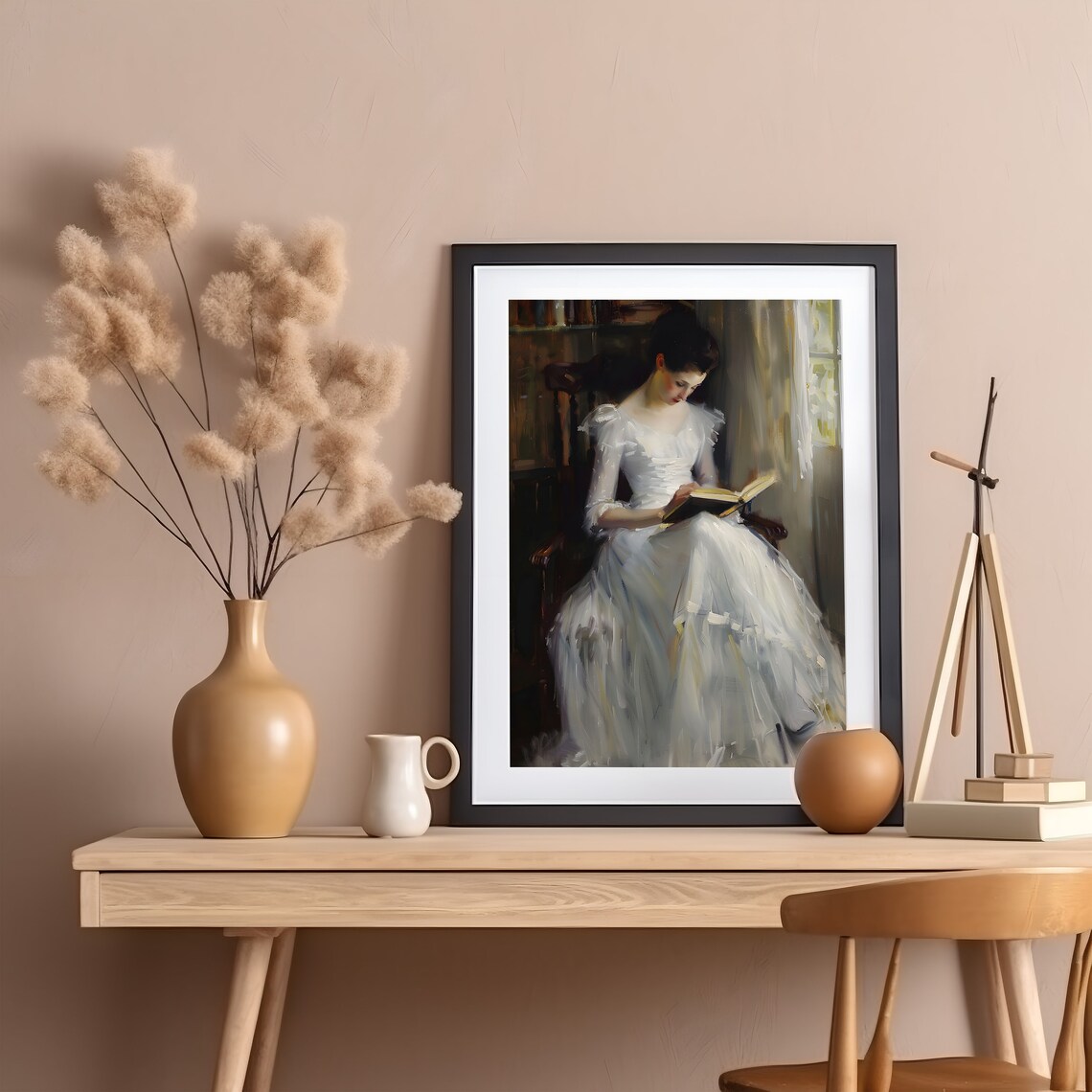 Young Woman In White Dress Reading Book Vintage Painting Poster - Image 2