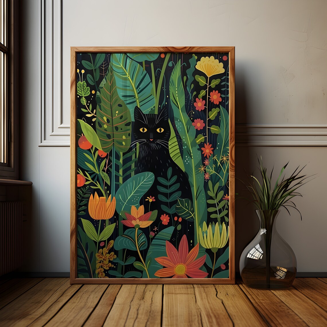 Black Cat Among Colorful Tropical Flowers Botanical Cat Poster - Image 2