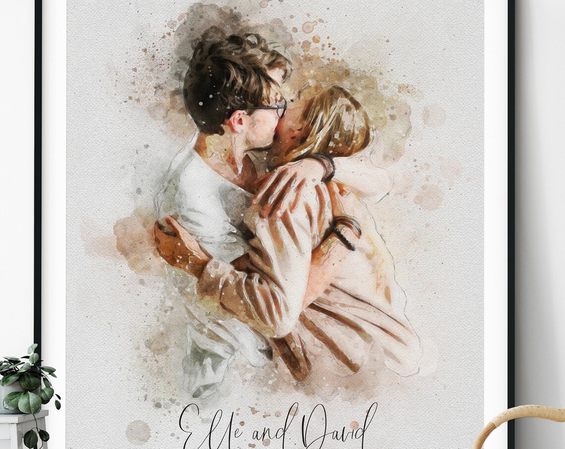 Custom Couple Portrait With Pets, Personalized Art Print - Image 3