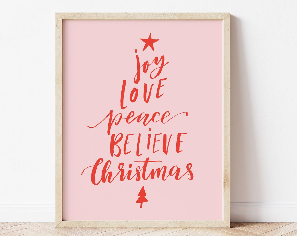 Joy Love Peace Believe Christmas Word Tree Red Script Pink Poster