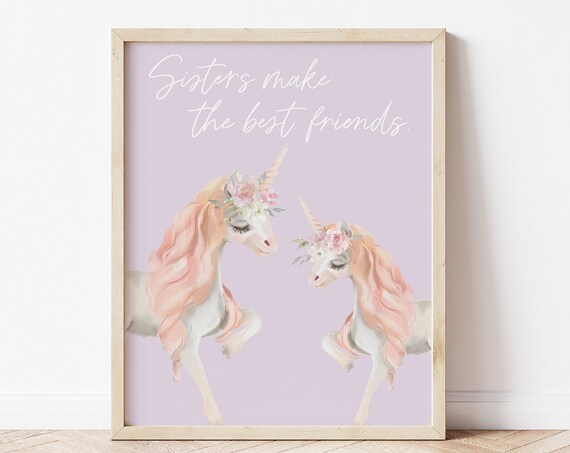 Sisters Make The Best Friends Unicorn Pair Purple Nursery Wall Art