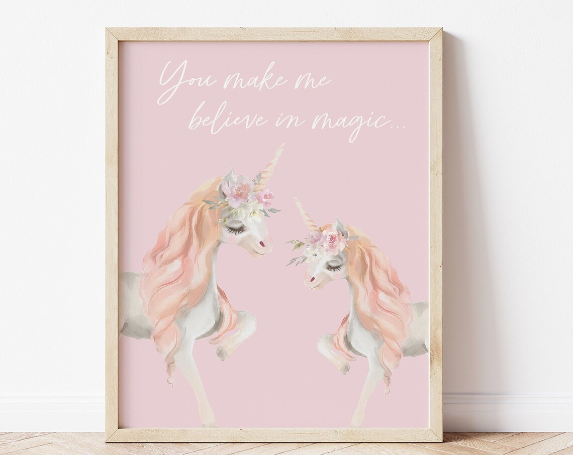 You Make Me Believe In Magic Twin Unicorns Pink Nursery Wall Art