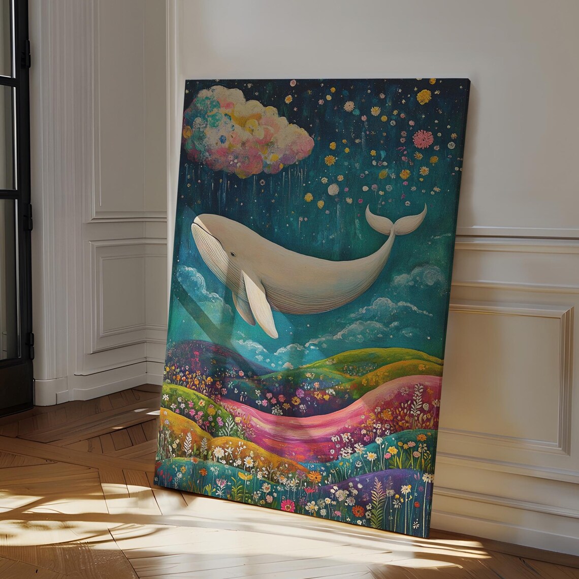 Magical White Whale Over Colorful Wildflower Hills Night Sky Poster