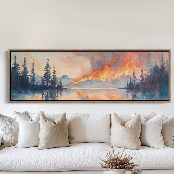 Forest Fire Reflection Intense Landscape Wall Art With Fiery Sunset Over Calm Lake And Smoky Pine Trees
