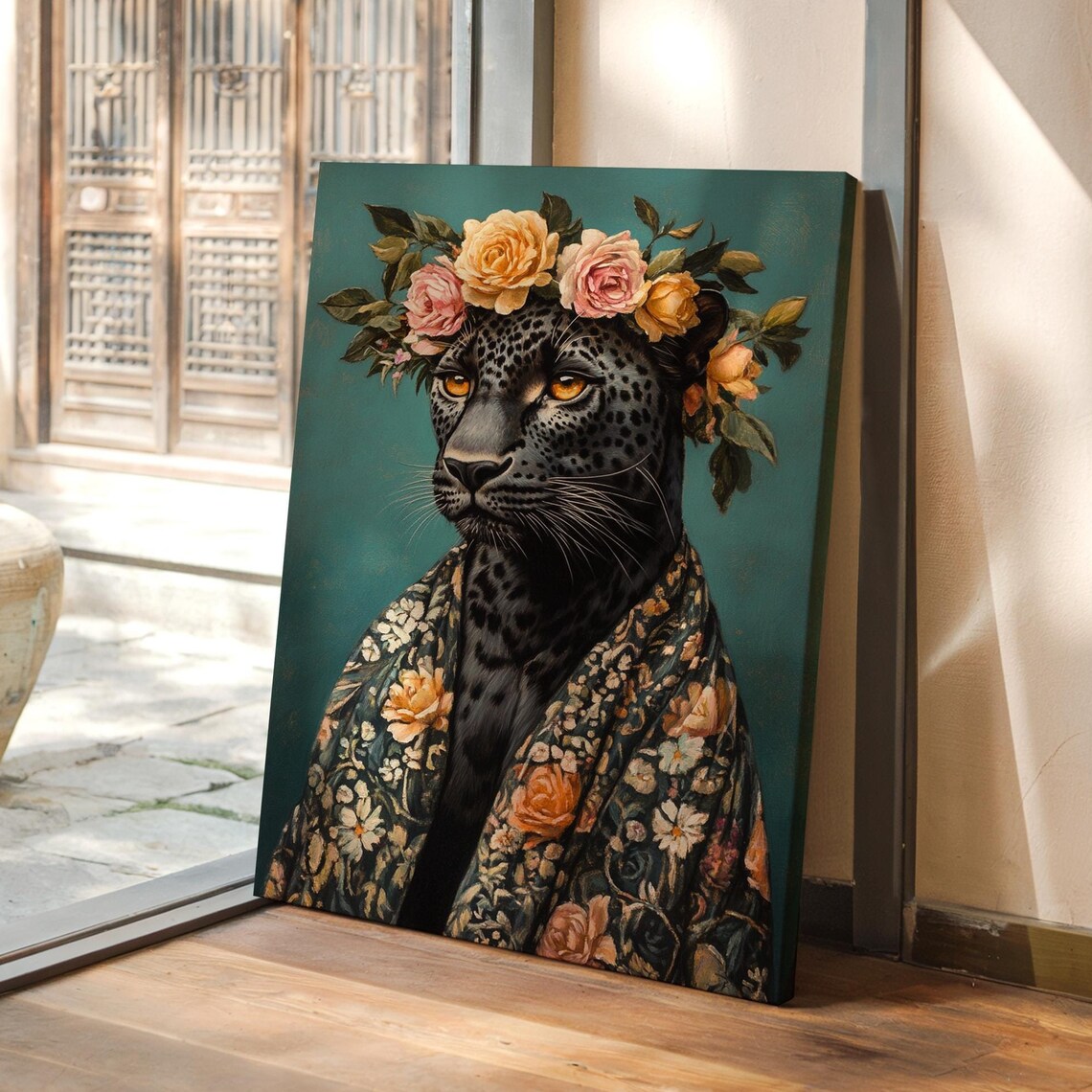 Elegant Black Panther Floral Crown Ornate Shawl Portrait Poster