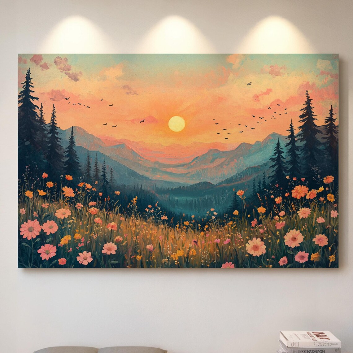 Sunset Over Mountain Meadow, Nature Landscape