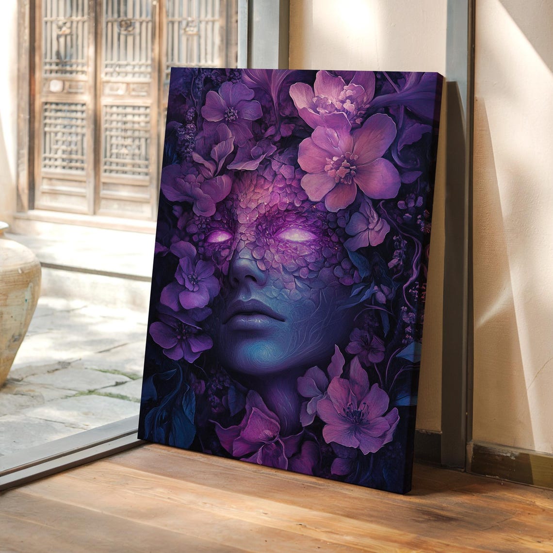 Surreal Violet Flower Face With Glowing Eyes Fantasy Wall Art