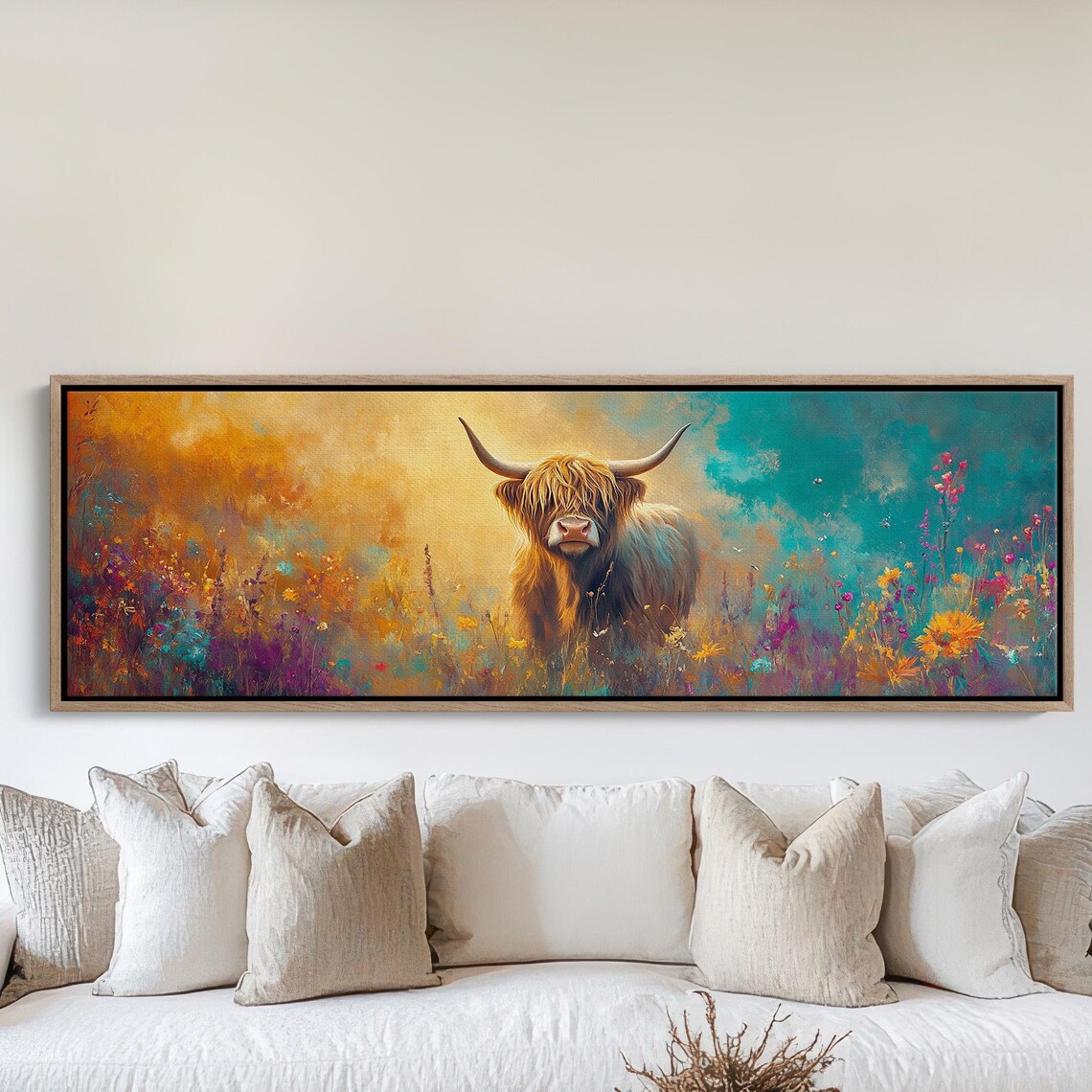 Highland Cow Colorful Wildflower Meadow Vibrant Nature Wall Art