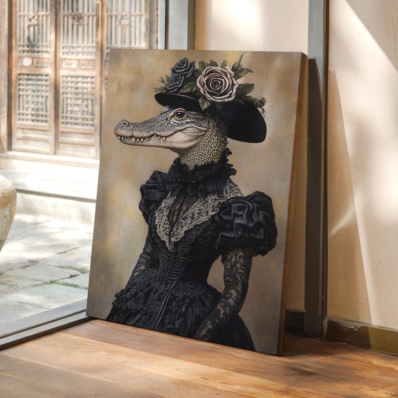 Victorian Alligator Lady Wall Art Gothic Reptile Portrait In Lace Dress Hat With Roses Quirky Animal Canvas For Dark Decor