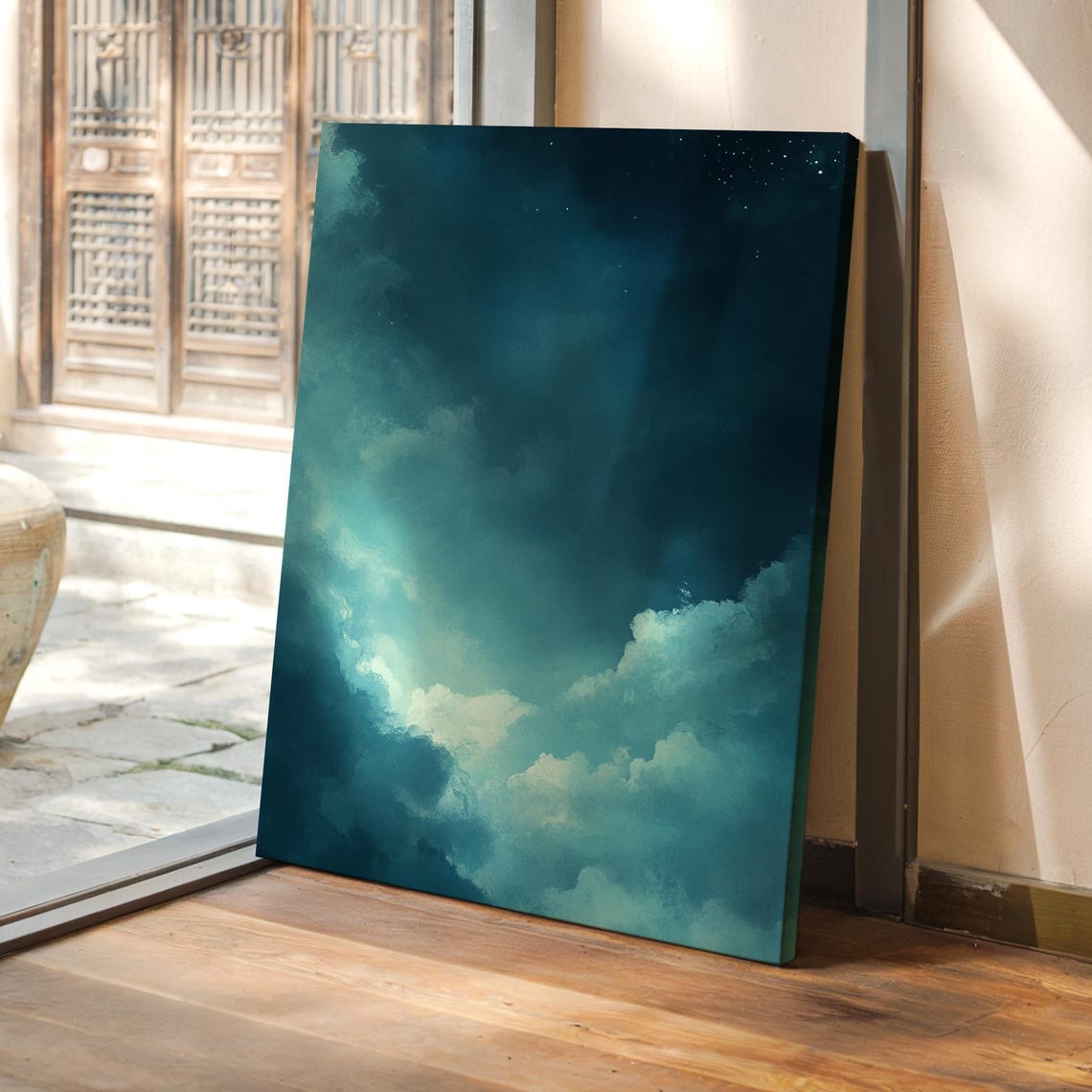 Dreamy Teal Starry Night Sky Cloud Print with Soft Starlight Glow