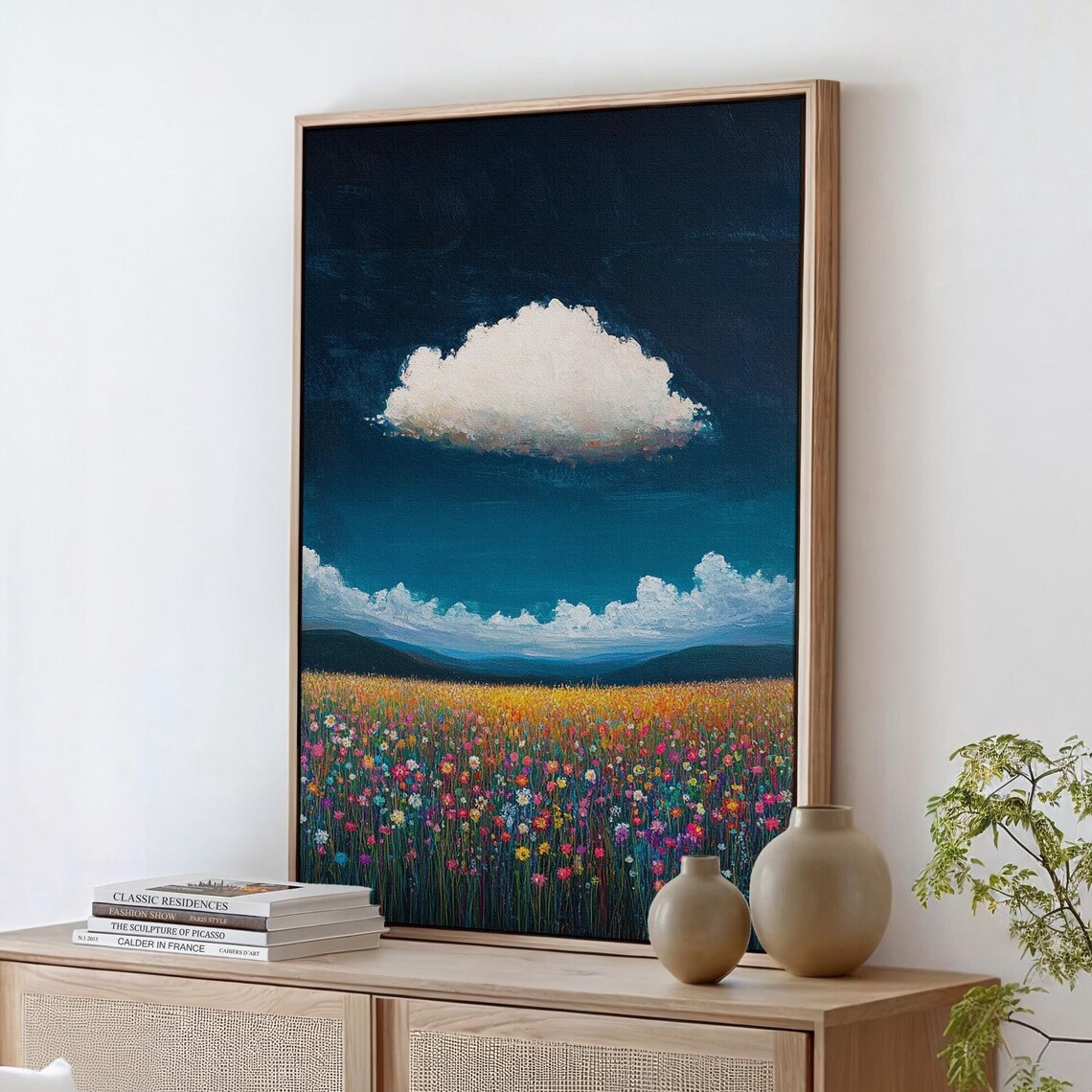 White Cloud Over Colorful Wildflower Field Mountain Landscape Poster